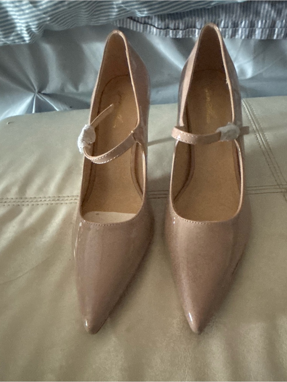 Genshuo Patent Pointed-Toe Mary Jane Pumps in Nude Pink